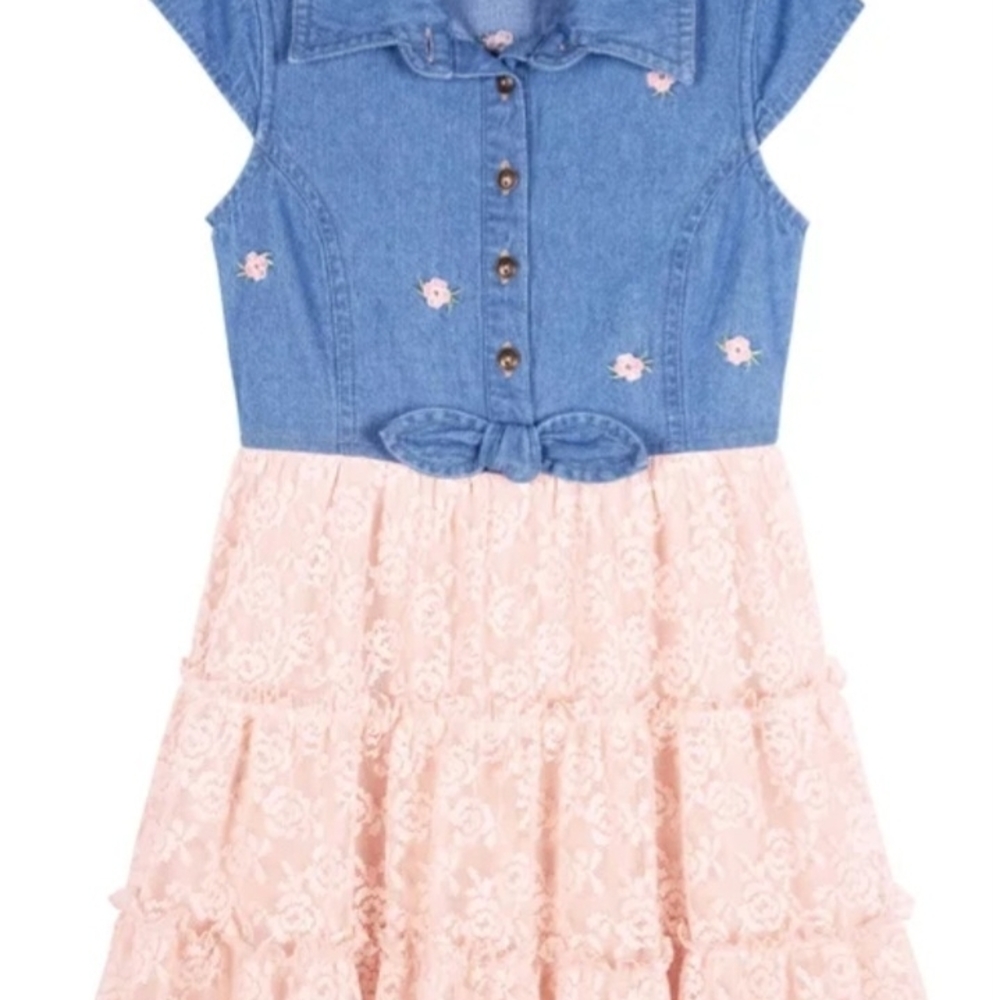 Zunie Blue Denim and Pink Lace Kids Dress - Picture 3 of 5
